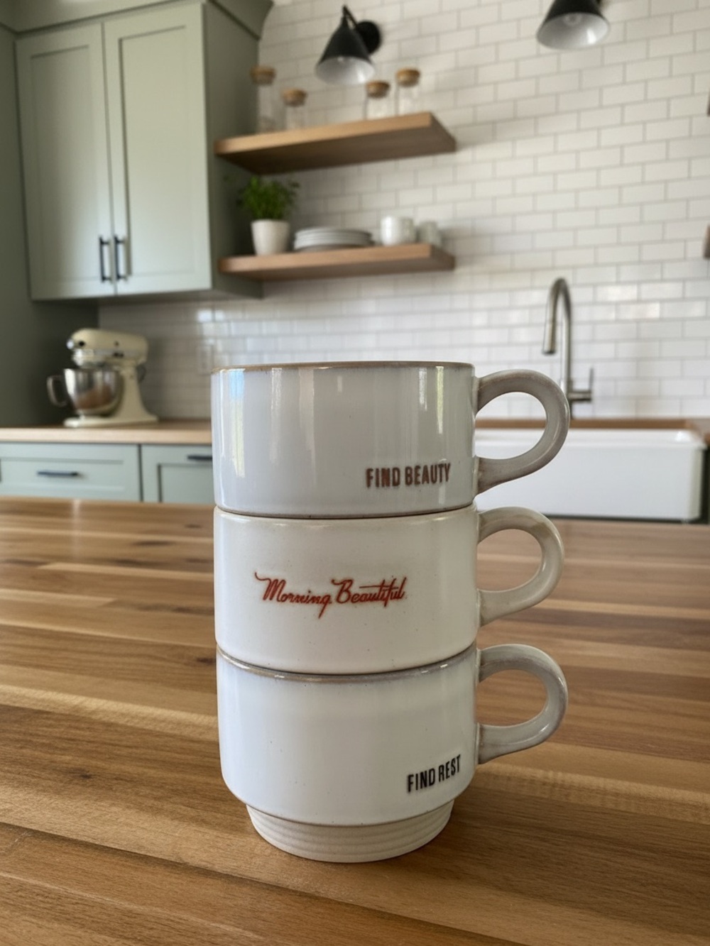 Cozy Set of 3 Aesthetic Coffee Mugs “Find Beauty “Morning Beautiful” Find Rest” - Picture 2 of 3